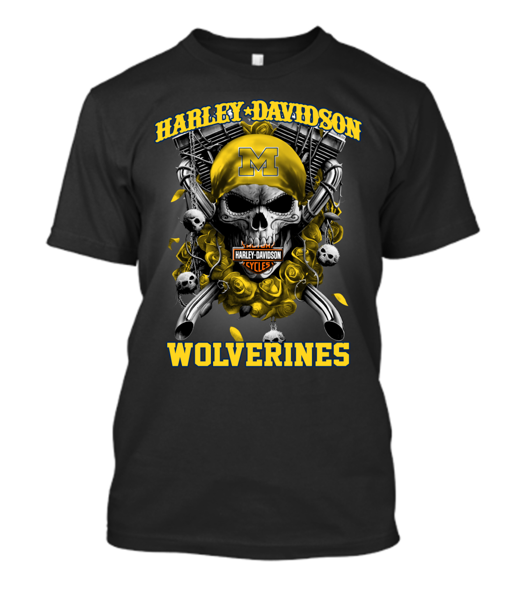 Harley Davidson Michigan Wolverines Skull Rose M Cycles T-Shirt