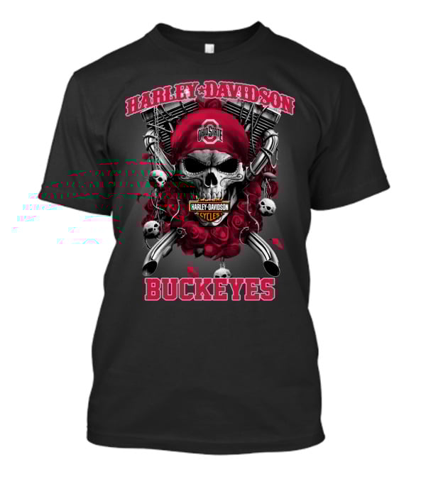 Harley Davidson Ohio State Buckeyes Skull Roses Motorcycles T-Shirt