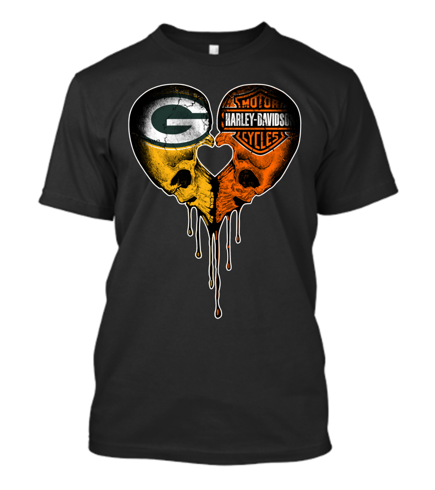 Green Bay Packers Harley Davidson Heart Skulls T-Shirt