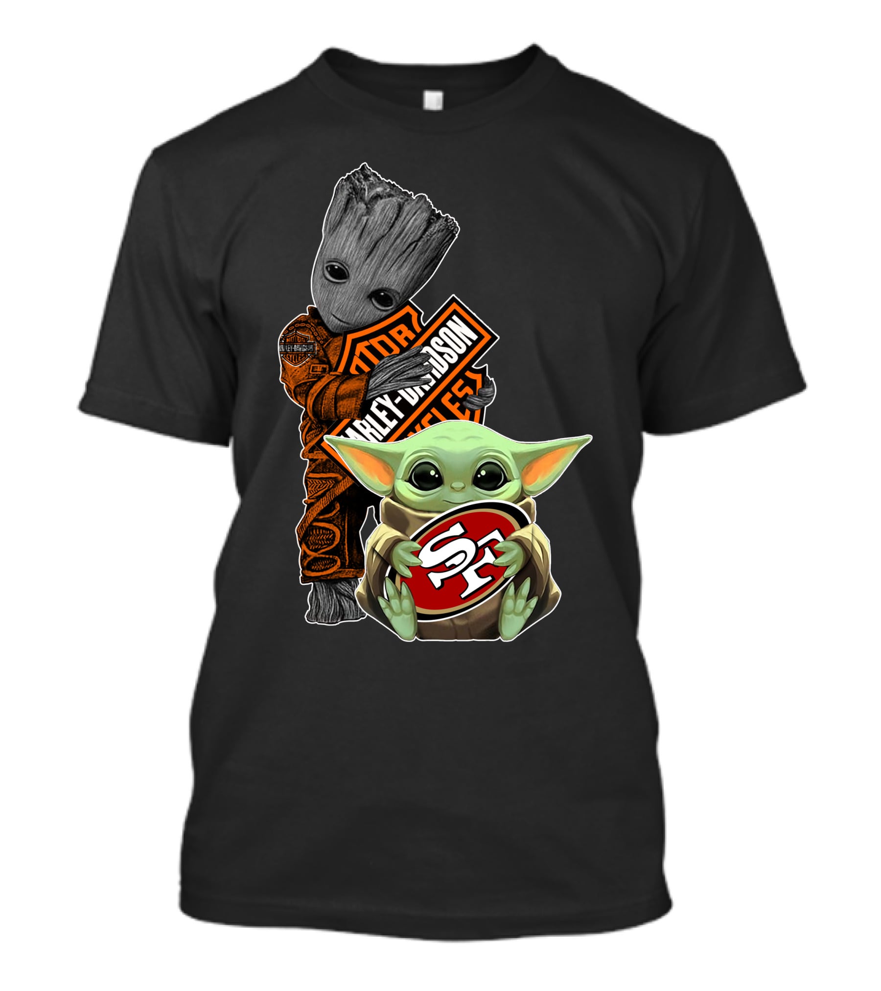 49ers S-F Logo Harley Davidson Orange Black Star Wars Groot Baby Yoda T-Shirt