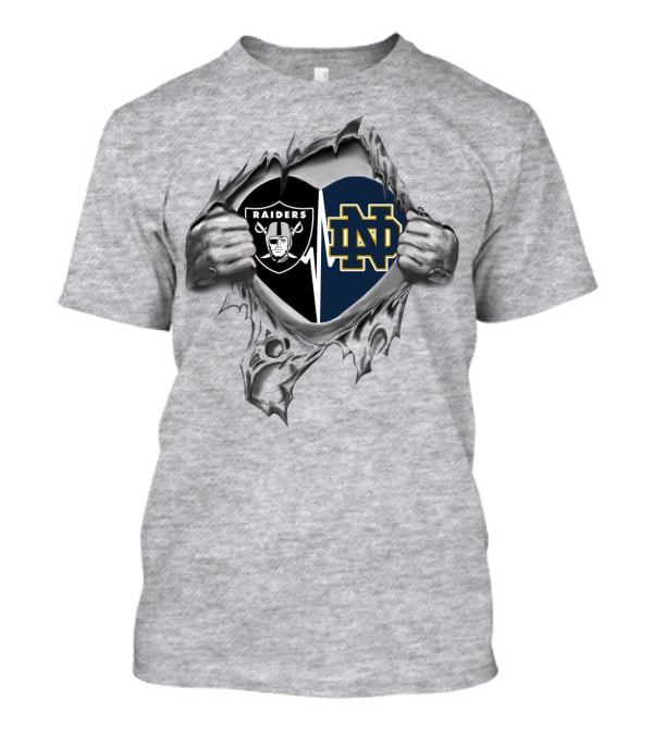 Raiders Notre Dame Logo Heart Hands Torn Fabric T-Shirt