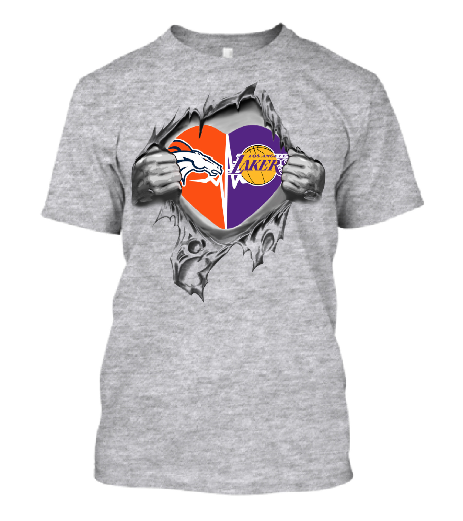 Broncos Lakers Heart With Iconic Logos And Hands Tearing Passionately T-Shirt