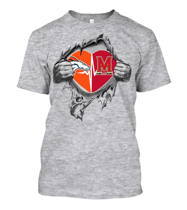 Broncos Maryland Heart Logo Peeking Through Torn Fabric T-Shirt