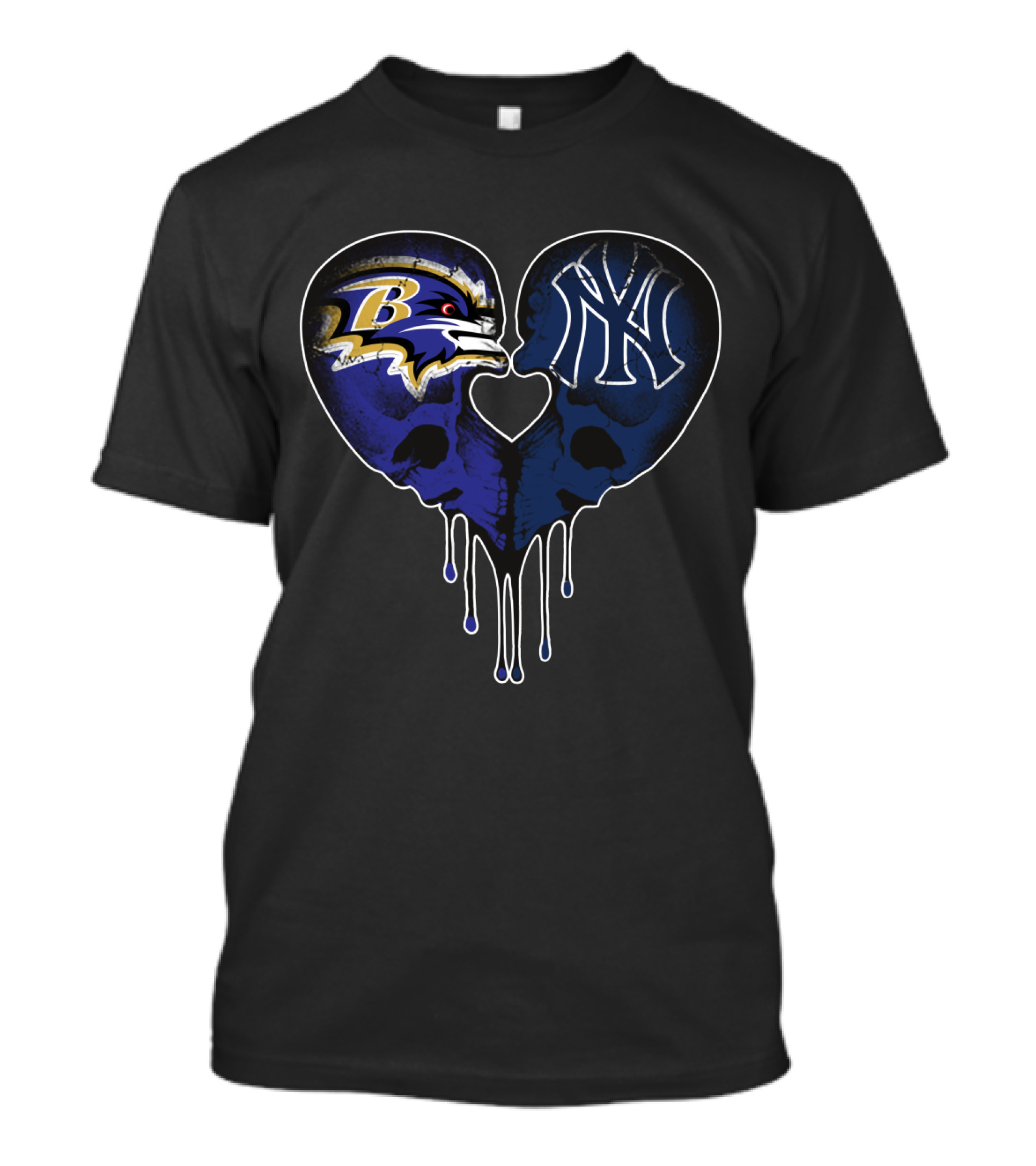 Ravens Yankees Skull Love Heart Dripping T-Shirt