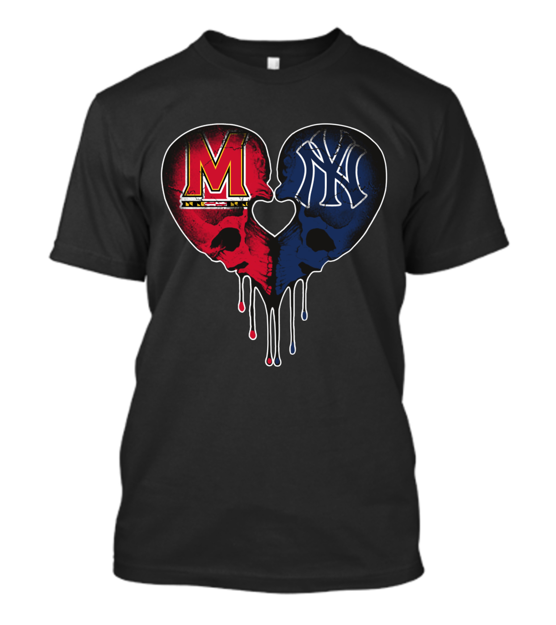 Maryland And Yankees Skull Heart Fusion T-Shirt
