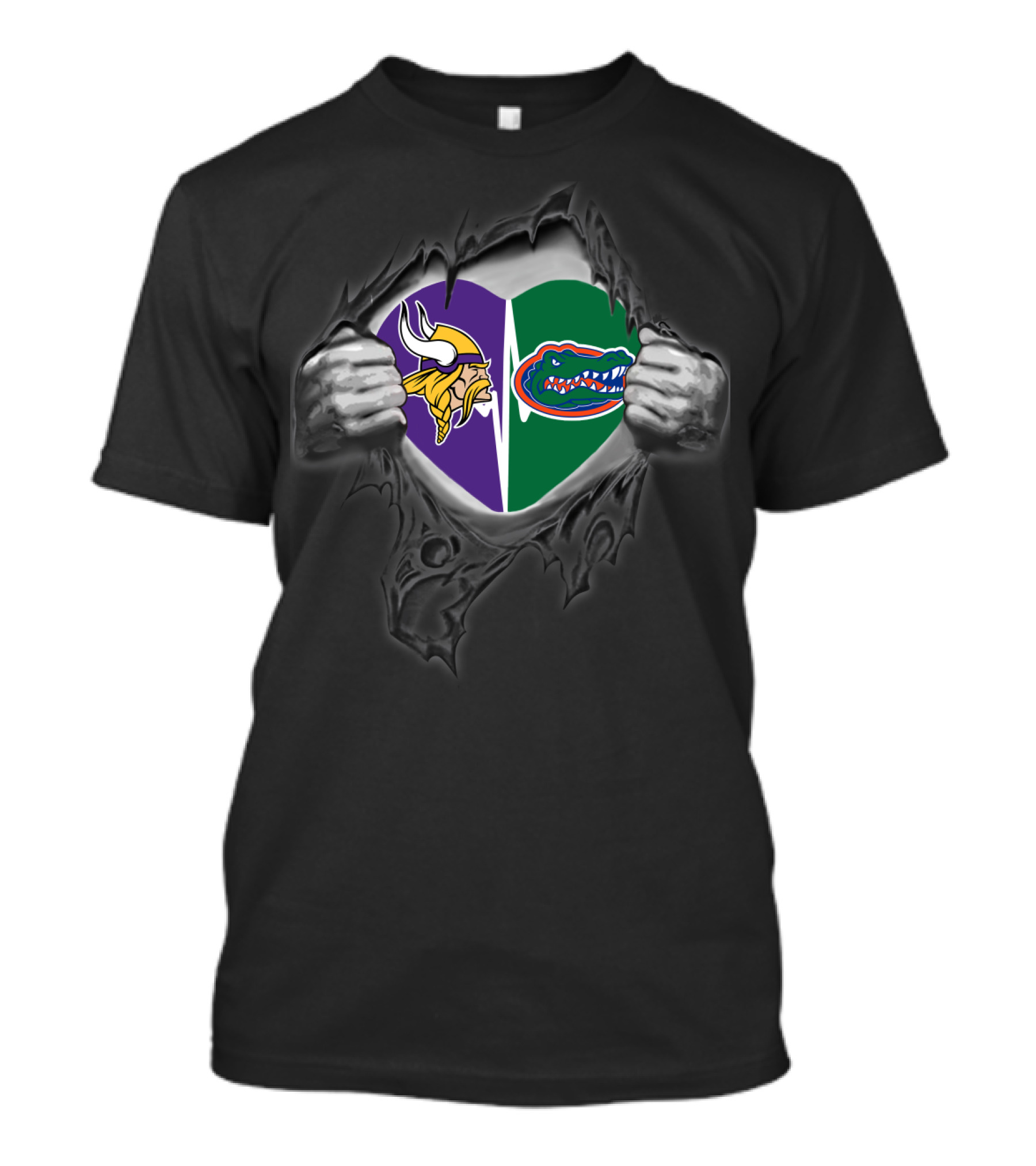 Vikings Gators Heart Split Logo Inside Ripped Chest T-Shirt