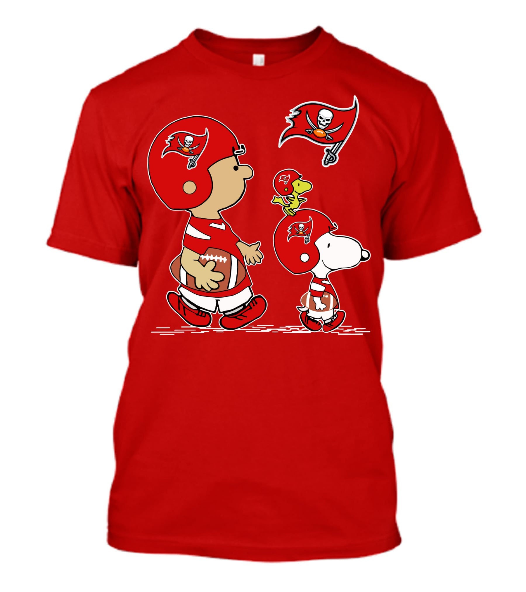 Peanuts Buccaneers Snoopy And Woodstock Football Helmets And Flag T-Shirt
