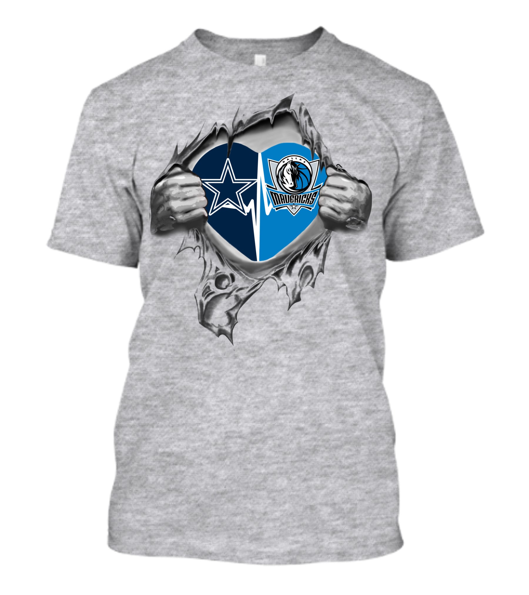 Cowboys Mavericks Heart Design With Split Logos And Torn Hands T-Shirt