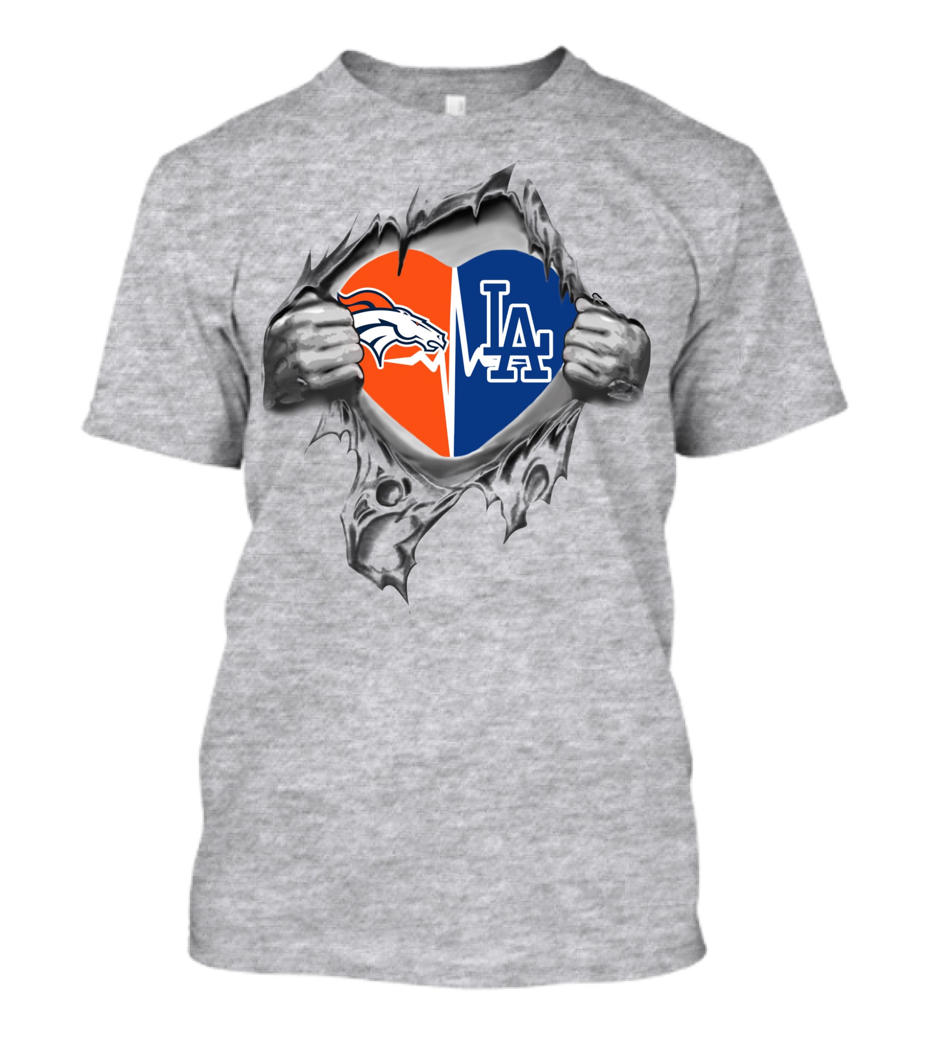 Broncos Dodgers Heartbeat Fusion Logo With Ripped Heart T-Shirt