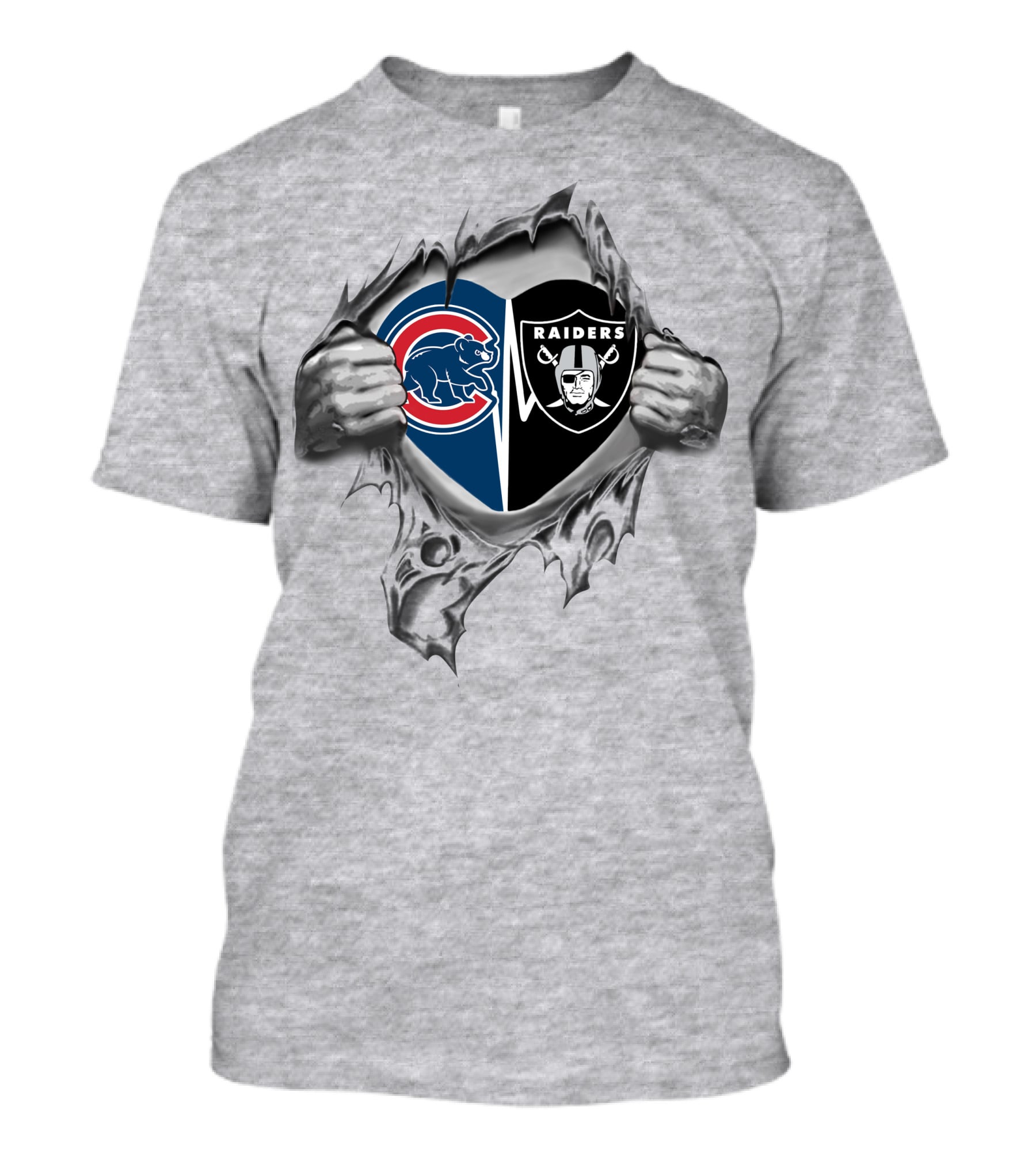 Cubs Raiders Heart Torn Reveal Hands Dual Team Loyalty T-Shirt