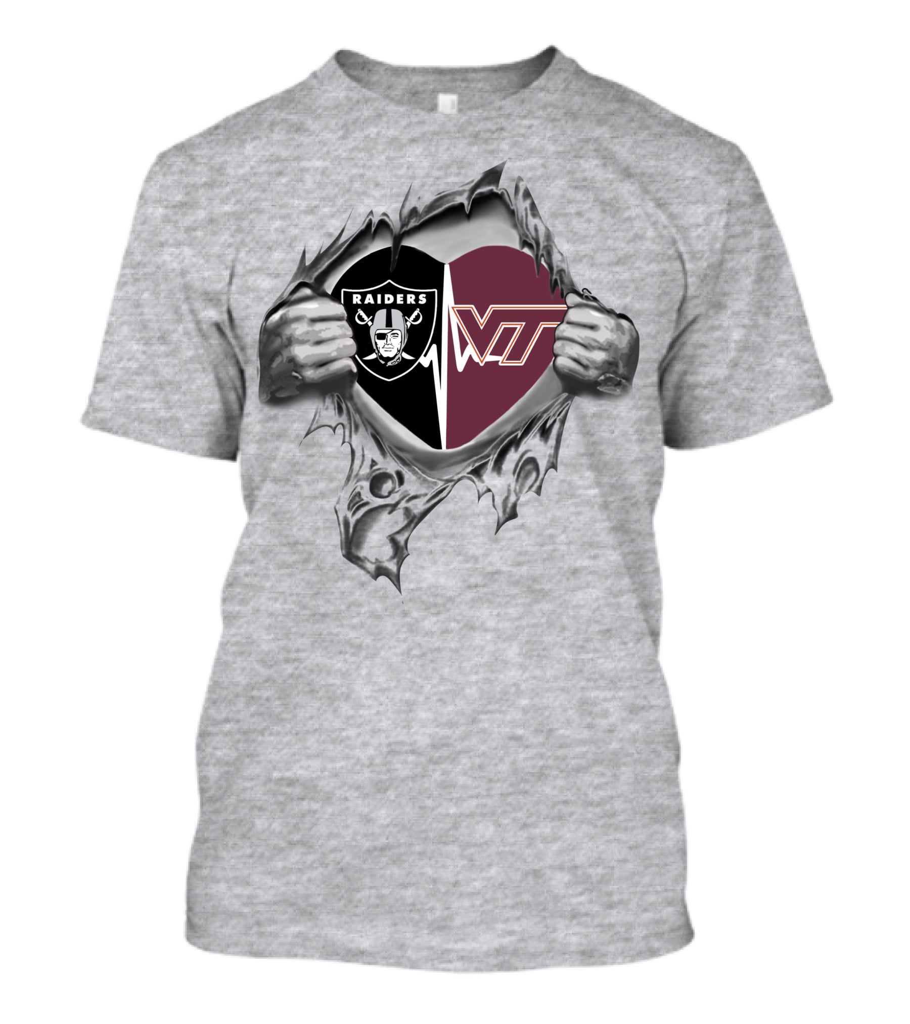 Raiders Hokies Heart Logo Football Fusion T-Shirt