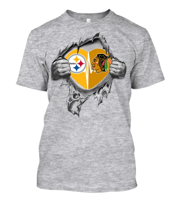 Steelers Blackhawks Heart Exposed Through Torn Surface Hands T-Shirt