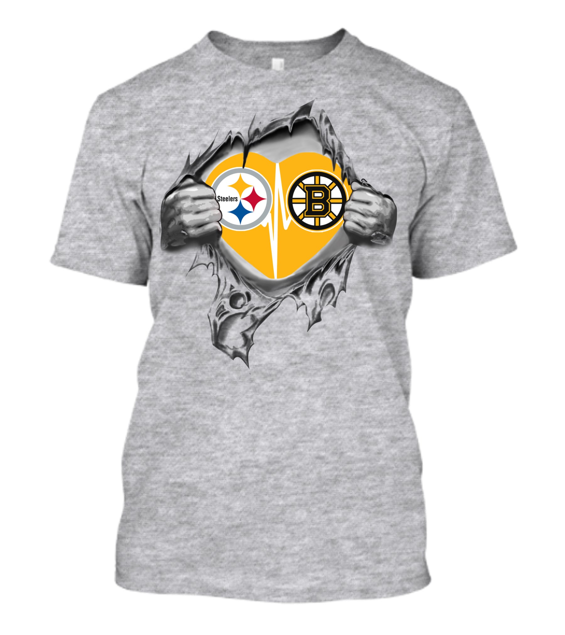 Steelers Bruins Heart Torn Open With Logos T-Shirt