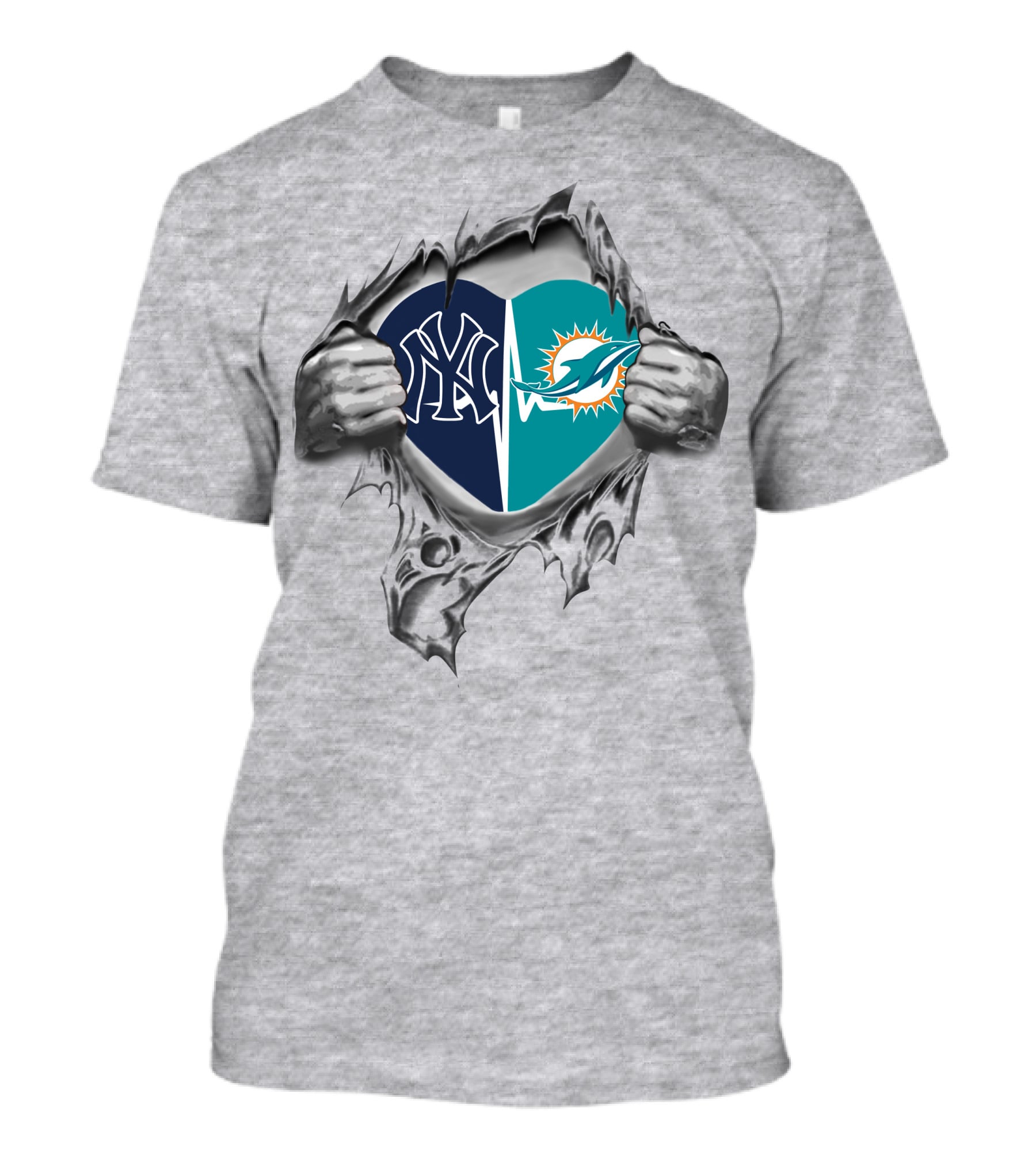Dolphins Yankees Heart With Peeling Fabric T-Shirt