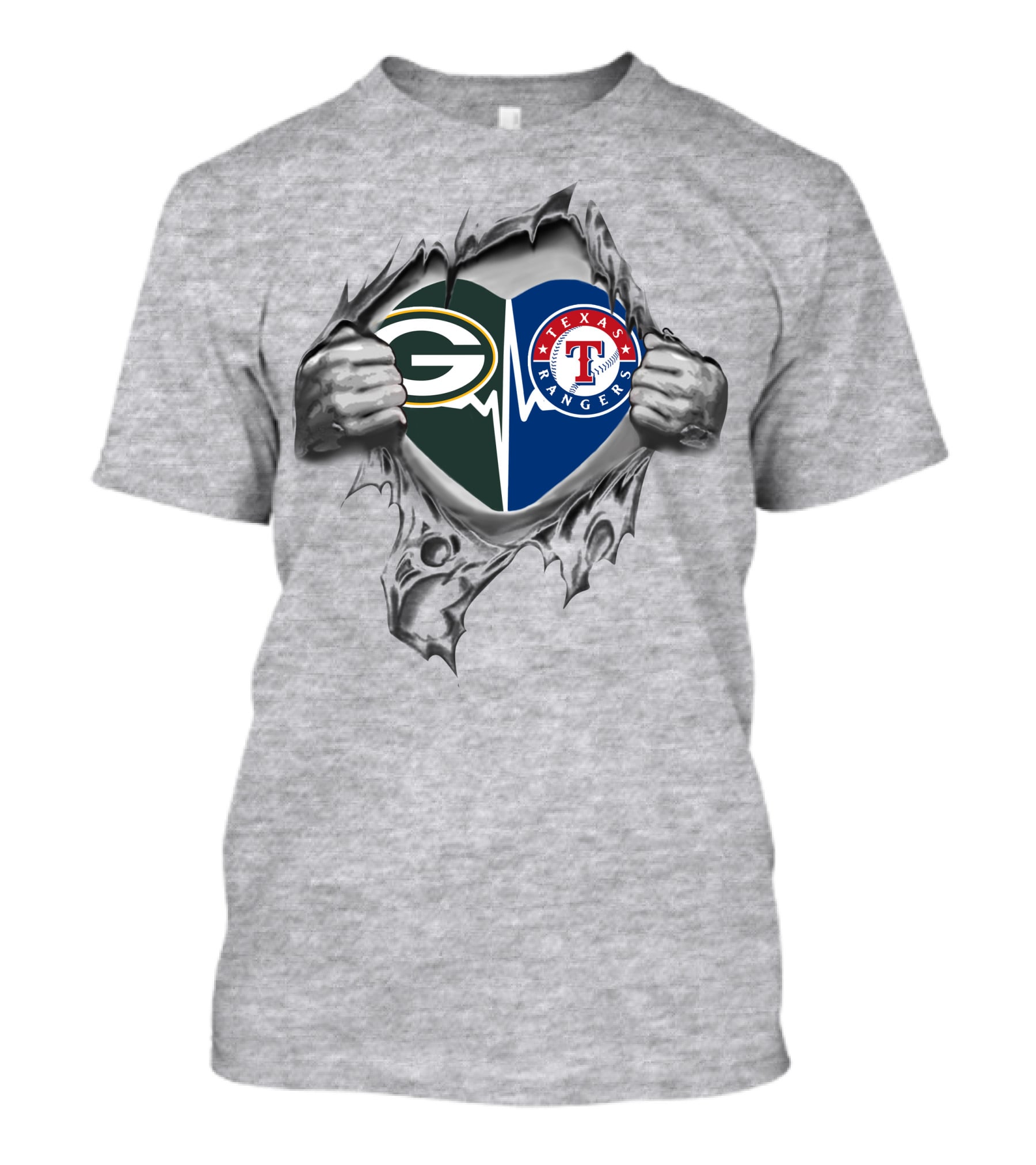 Green Bay Packers And Texas Rangers Heartbeat Logos With Tearing Hands T-Shirt