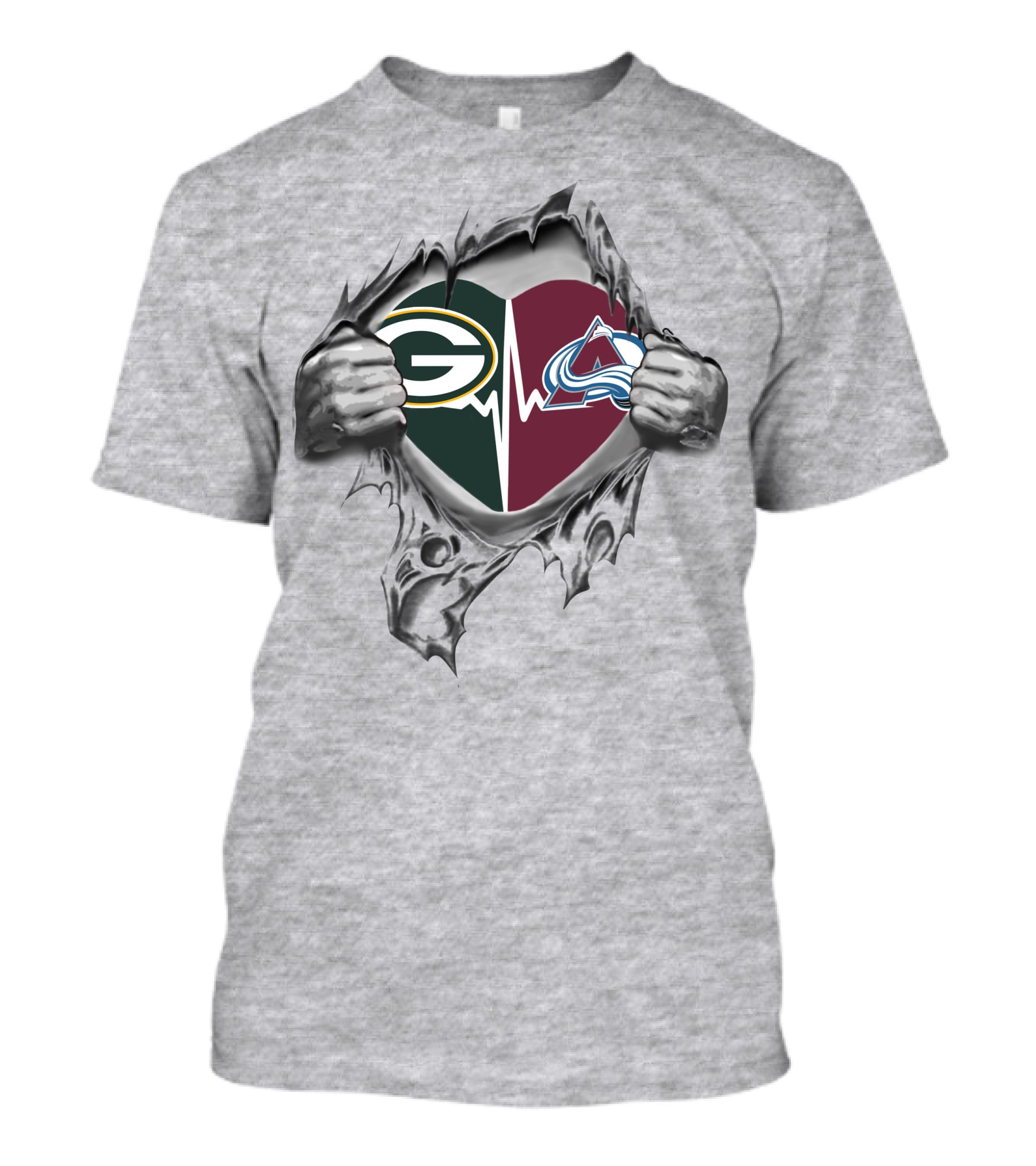 Green Bay Packers And Colorado Avalanche Heart With Silver Hands T-Shirt