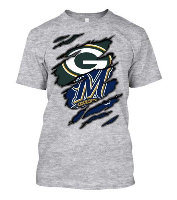 Green Bay Packers Milwaukee Brewers Logos Torn Claw Marks T-Shirt