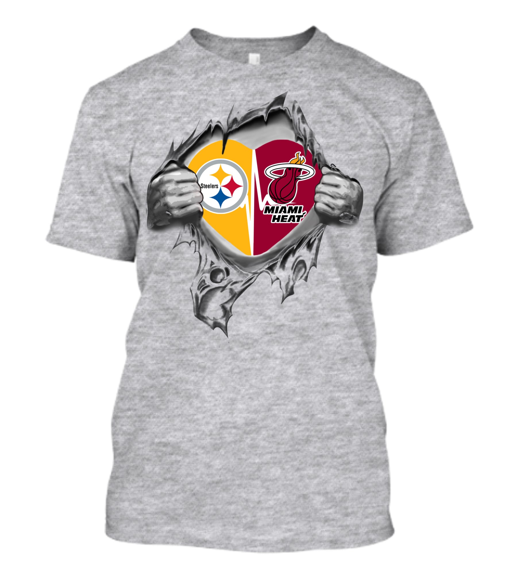 Steelers And Miami Heat Heart Design With Team Logos T-Shirt