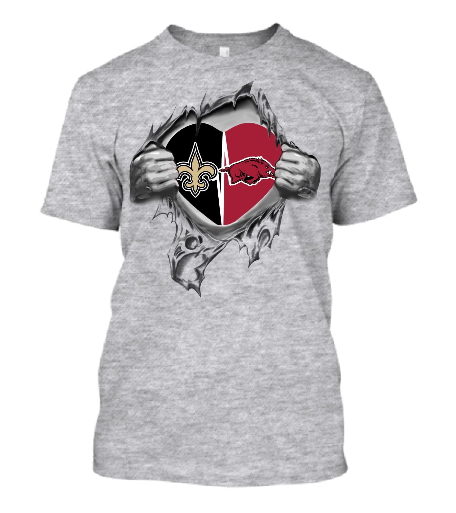 Saints Razorbacks Heart Emblem Fleur-De-Lis Split T-Shirt