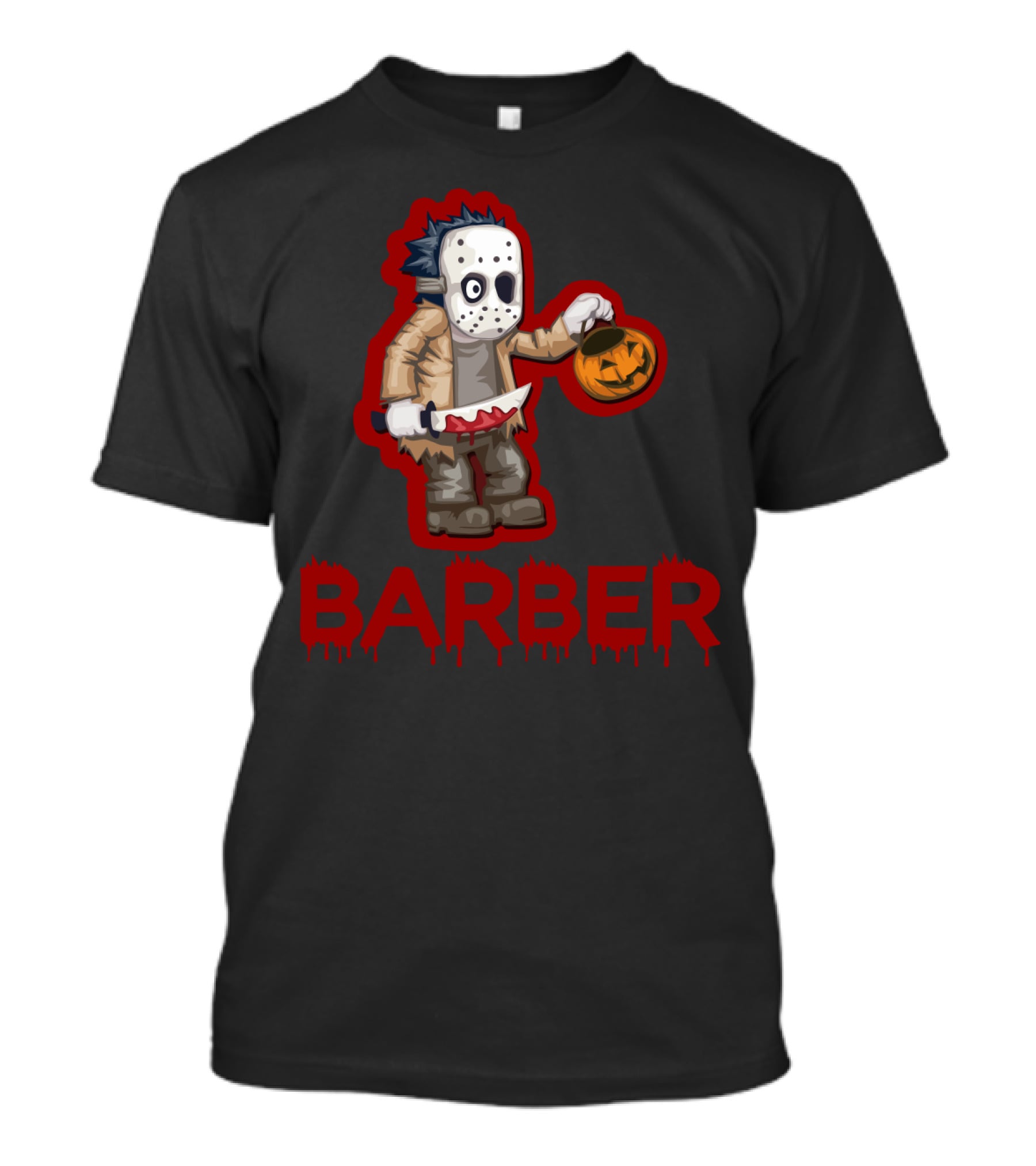 Halloween Barber Hairstylist Masked Horror With Pumpkin And Knife T-Shirt