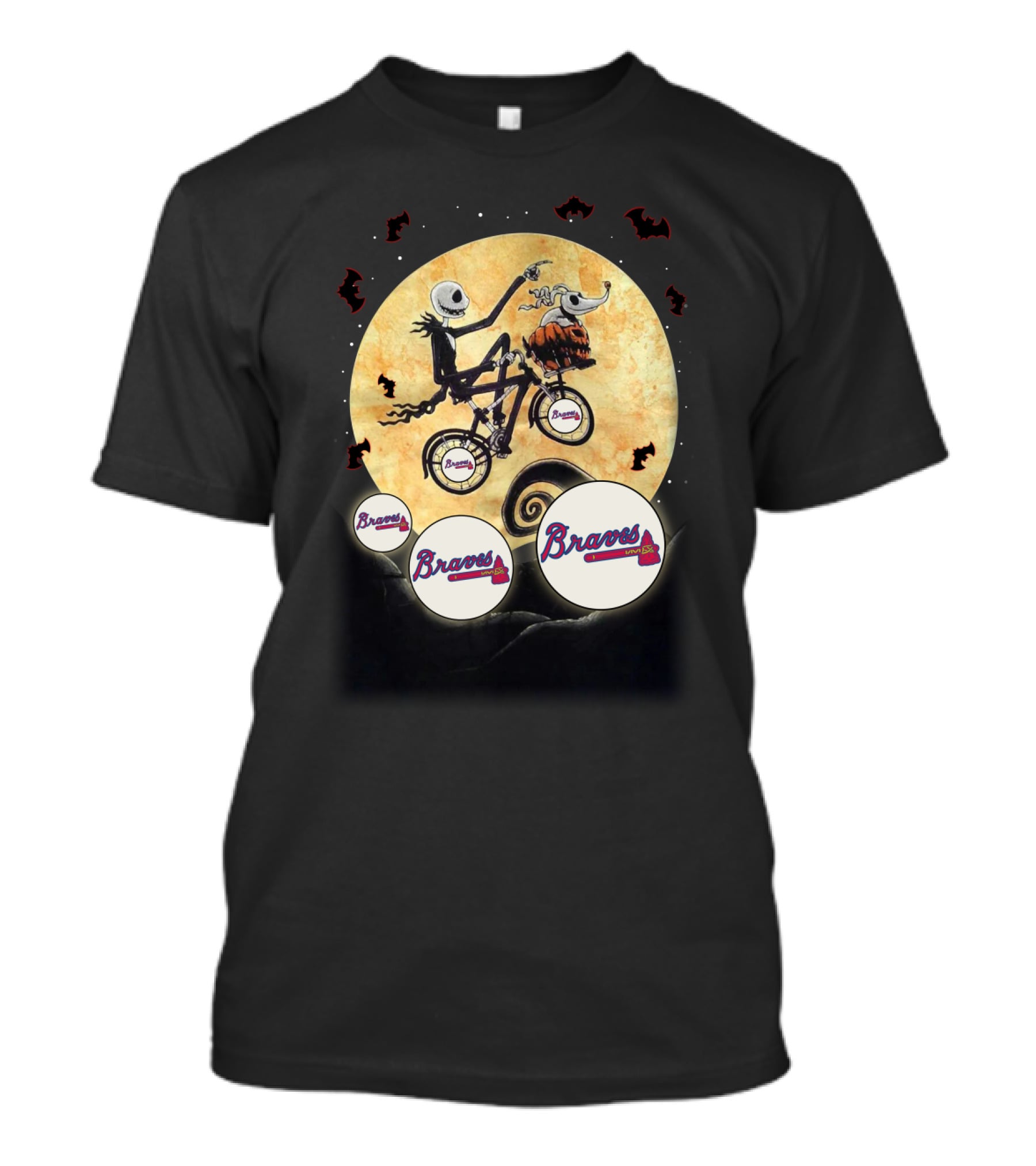 Braves Halloween Moon Bicycle Scene With Skeleton Characters And Pumpkin Dog T-Shirt