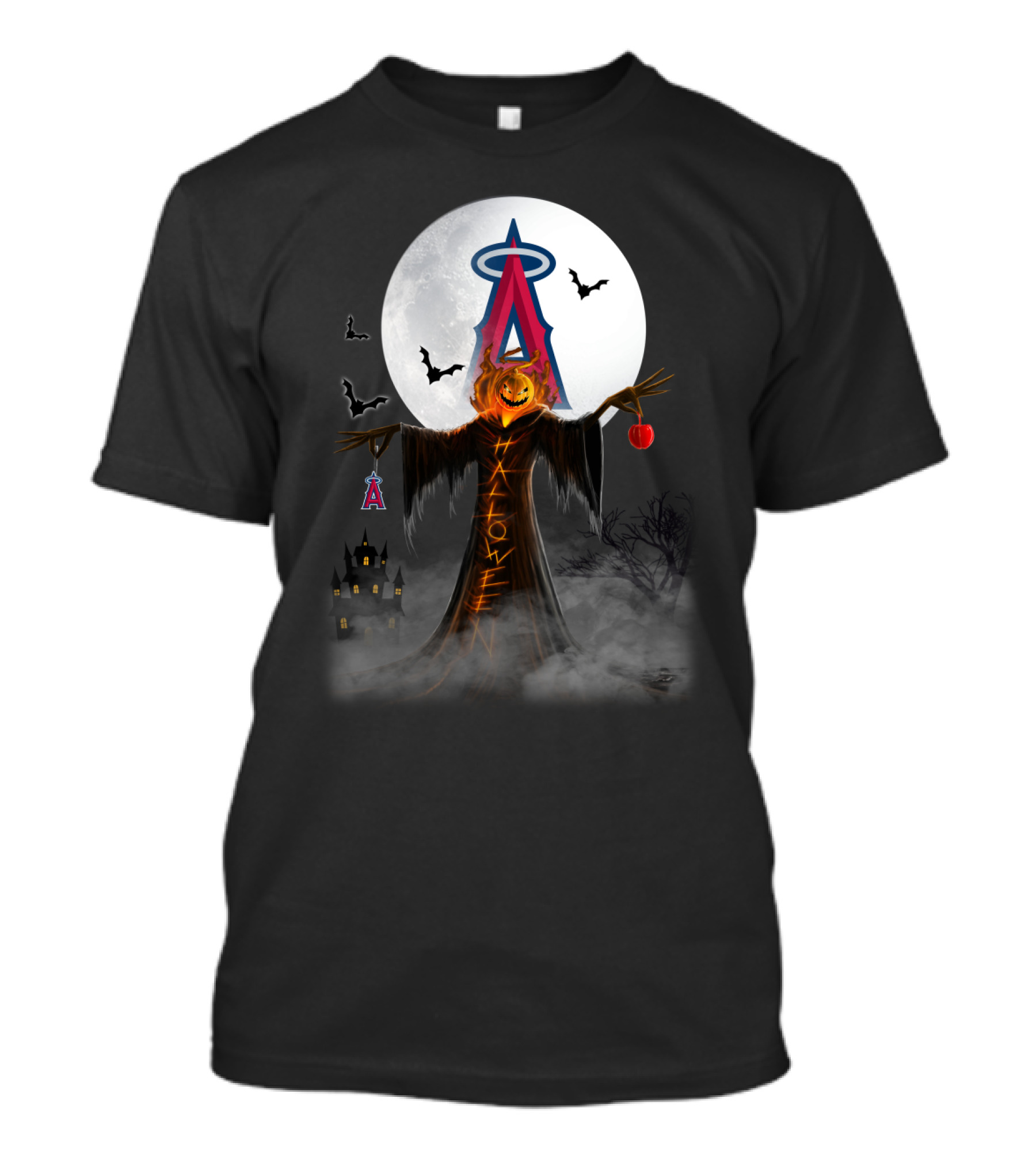 Los Angeles Angels Halloween Jack-O'-Lantern With Bats And Moon T-Shirt
