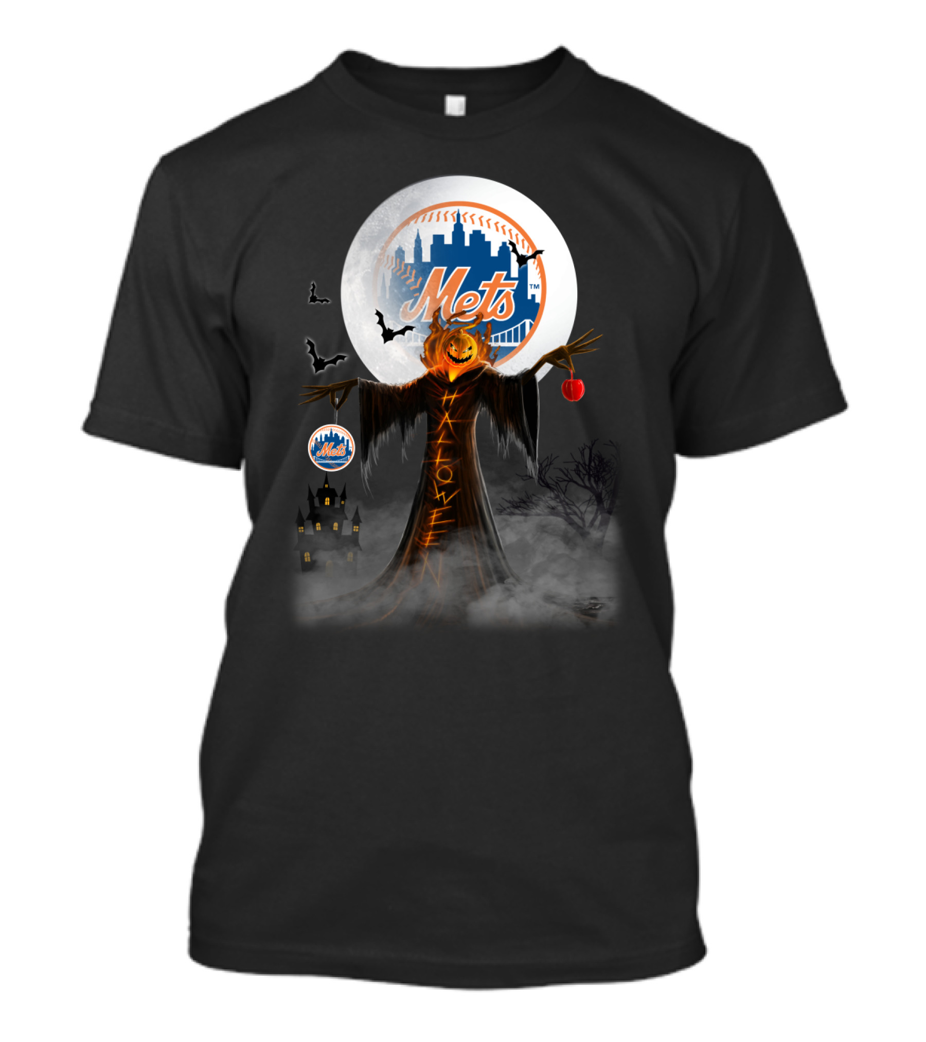 New York Mets Pumpkin Head Halloween Theme With Moon, Bats, And Spooky Castle T-Shirt