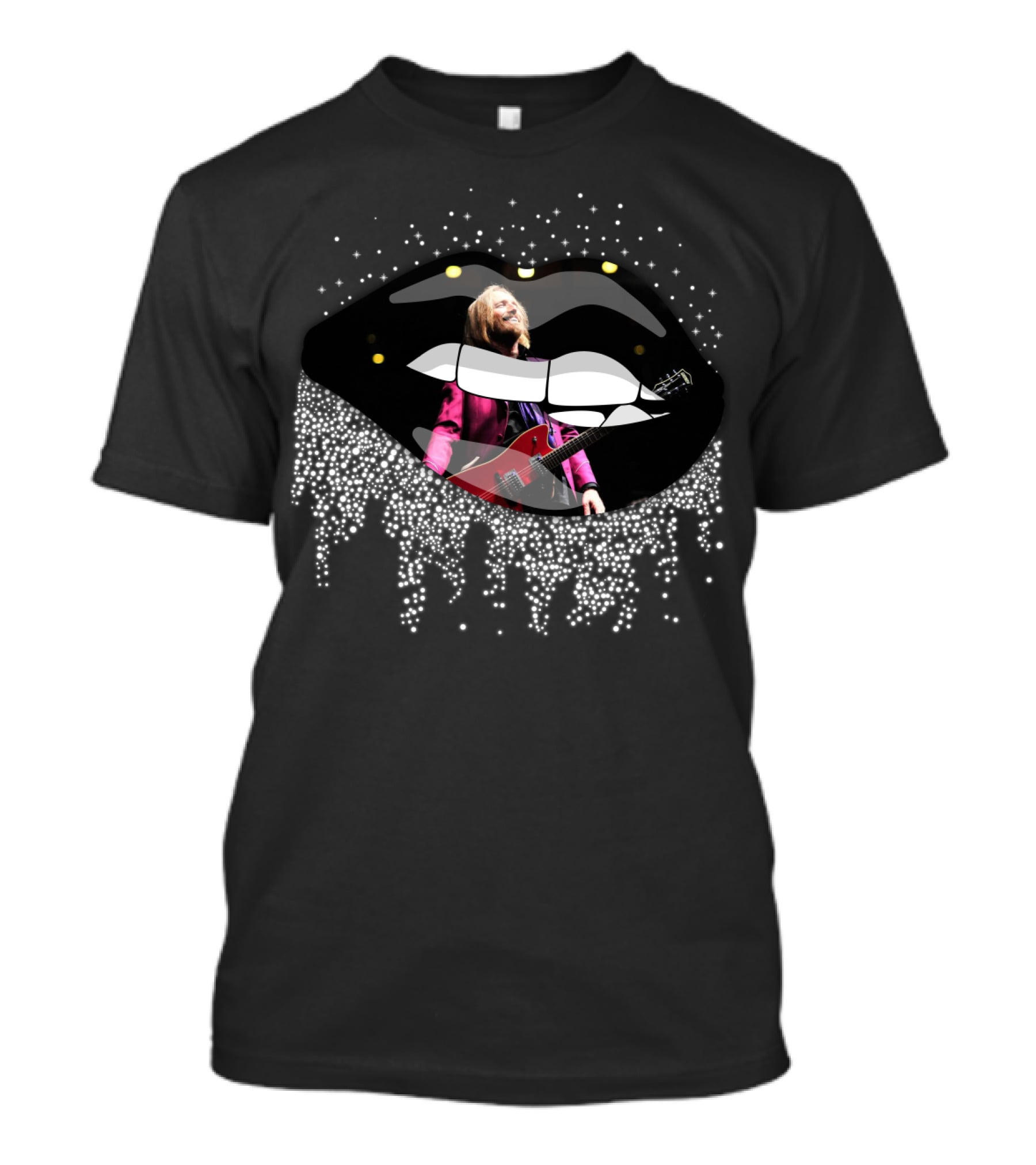 Tom Petty Lips Black White Dots Guitar Rockstar T-Shirt