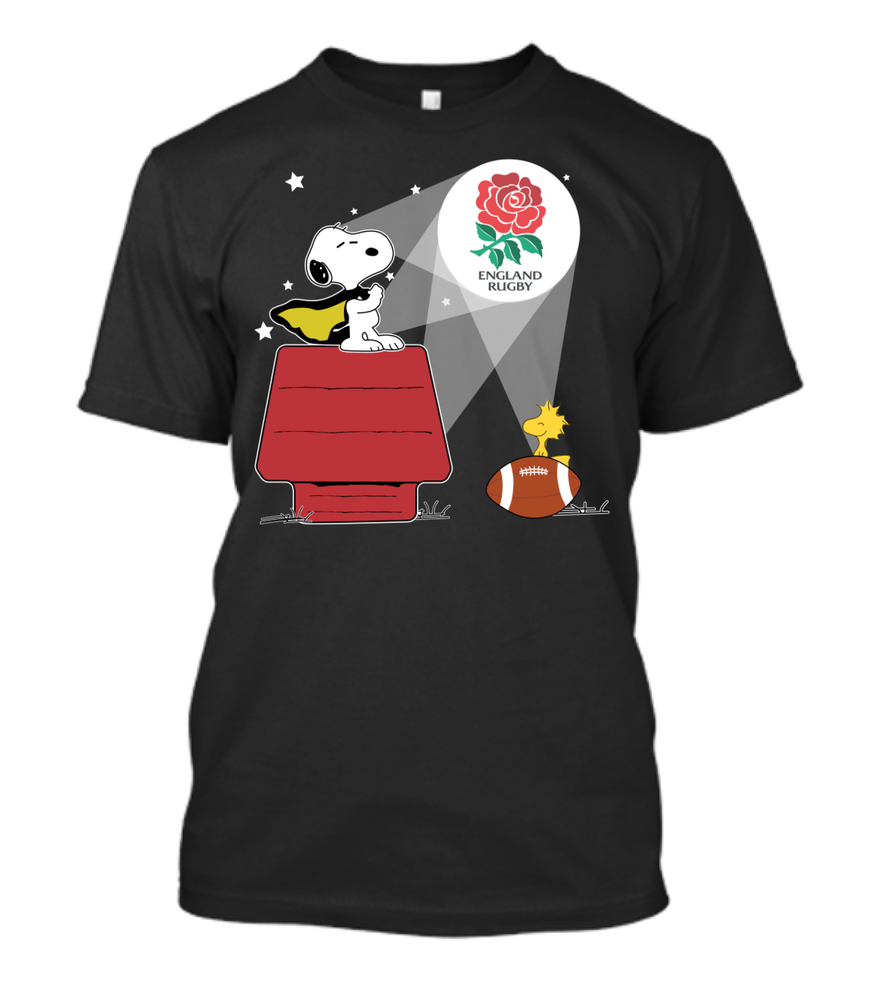 England Rugby RFU Snoopy Doghouse Spotlight With Woodstock And Rugby Ball T-Shirt