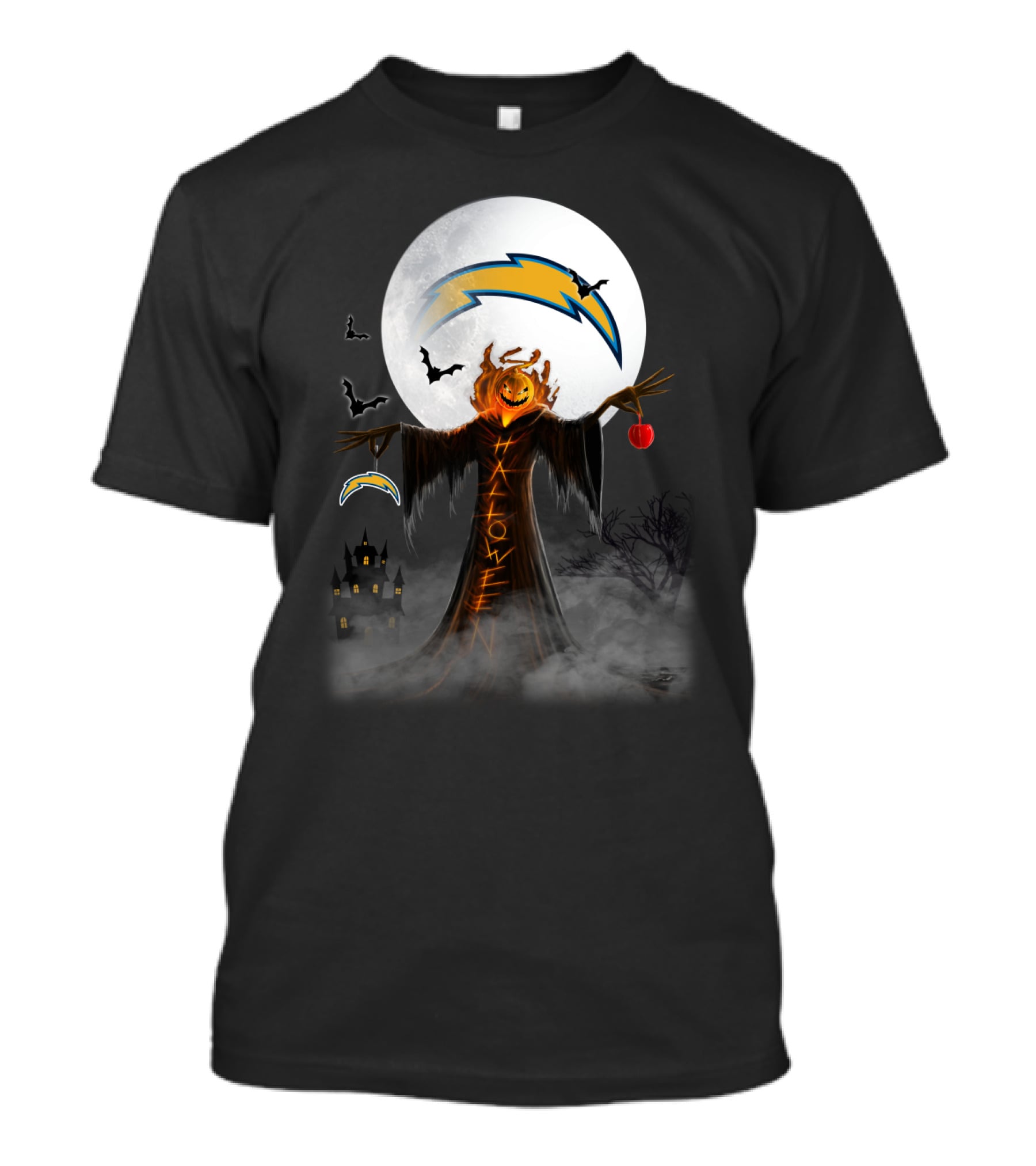 Halloween Los Angeles Chargers Moonlit Pumpkin Scarecrow With Bats And Haunted Castle T-Shirt