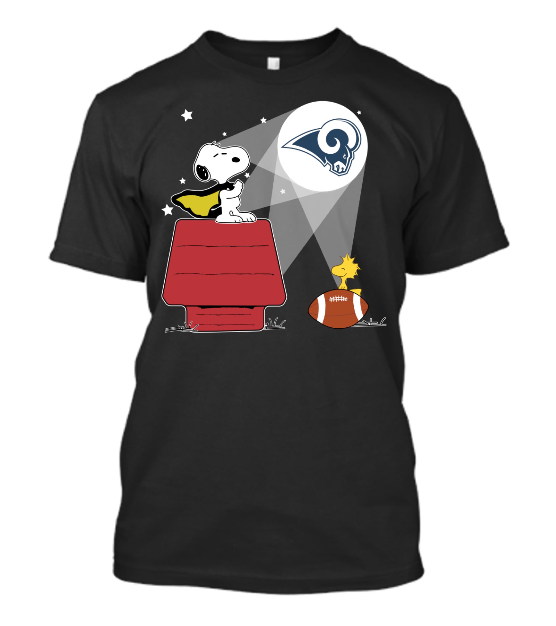 Snoopy And Woodstock With Los Angeles Rams Football Beam T-Shirt