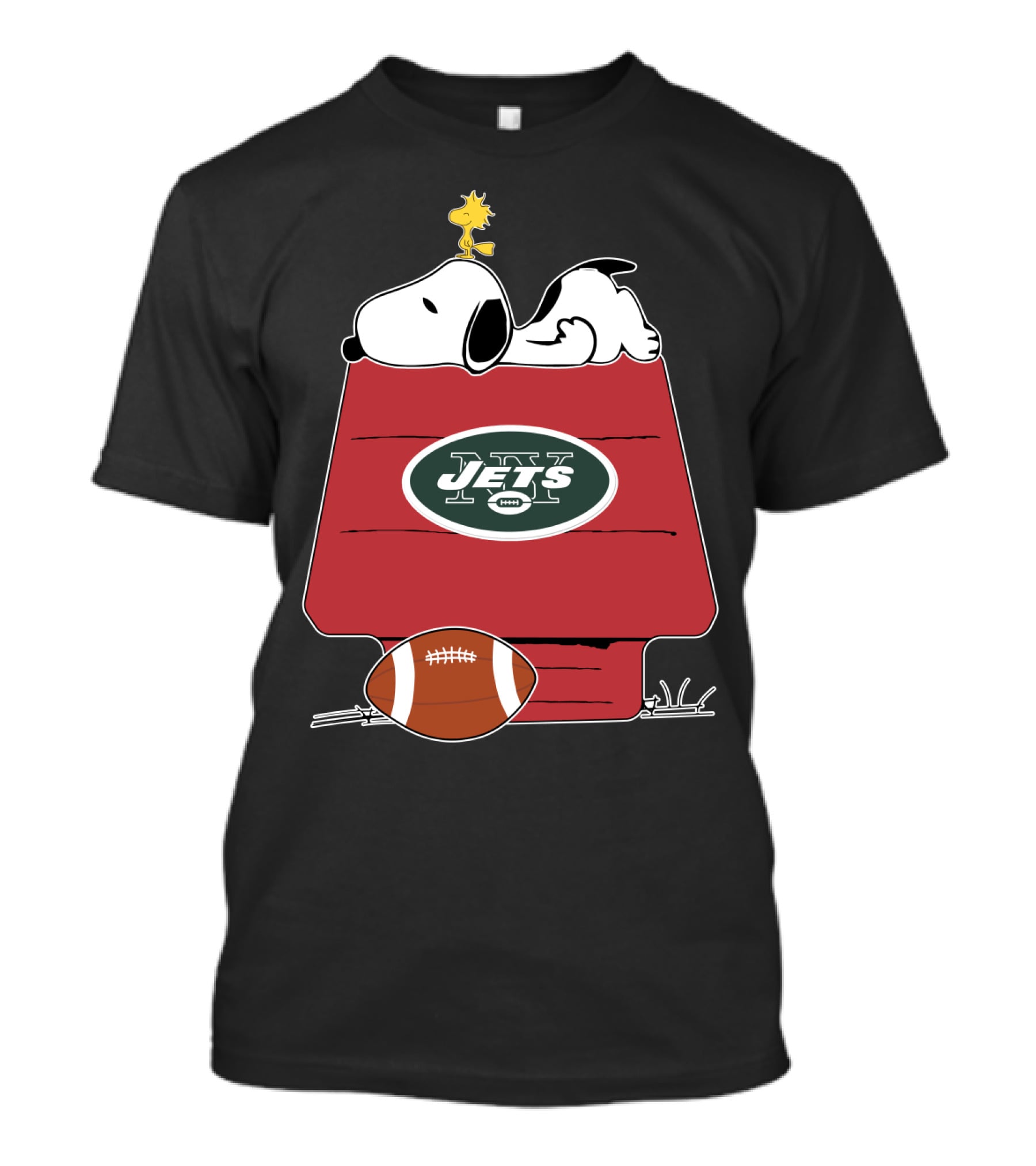 Snoopy On Doghouse With New York Jets Football Logo And Woodstock T-Shirt