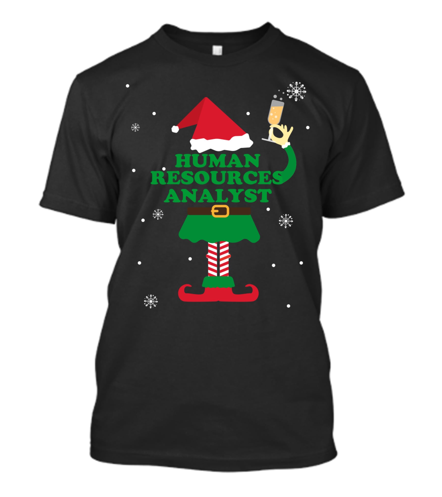 Human Resources Analyst Elf With Champagne Holiday Theme Snowflakes T-Shirt
