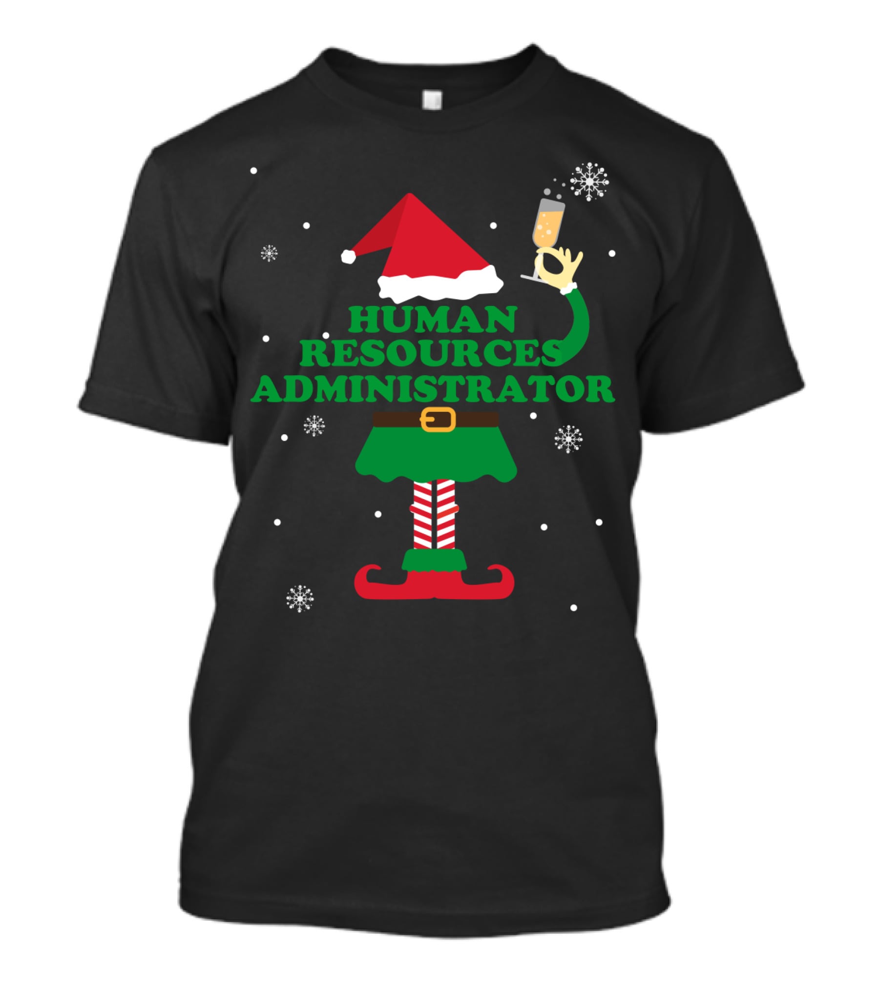 HUMAN RESOURCES ADMINISTRATOR ELF WITH CHAMPAGNE AND SNOWFLAKES T-Shirt