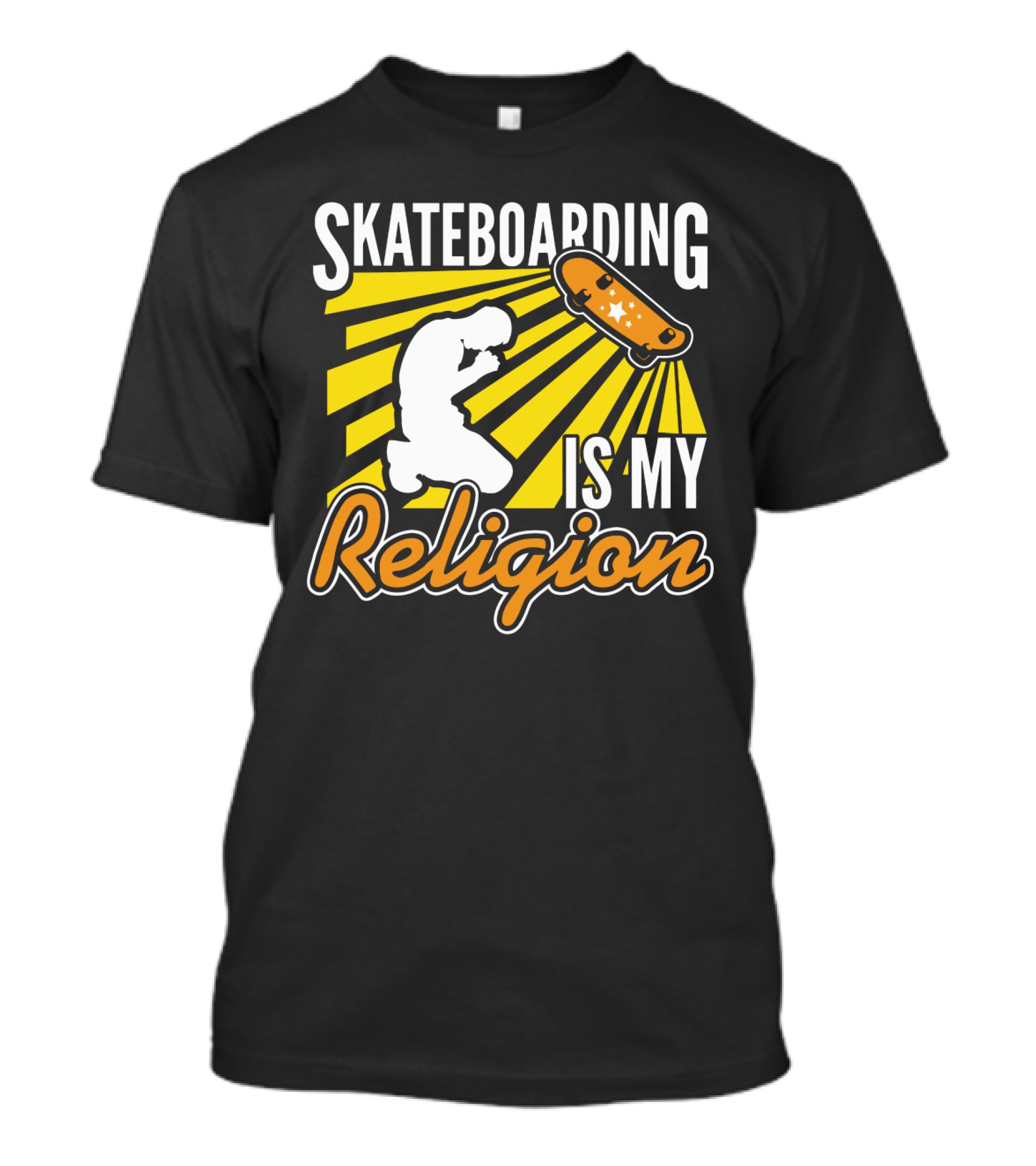 Skateboarding Is My Religion Kneeling Silhouette With Skateboard And Sunburst T-Shirt