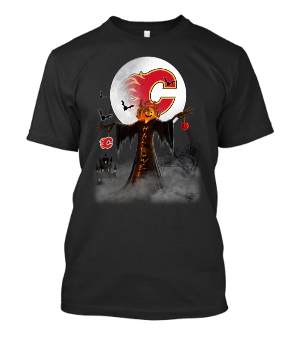 Halloween Calgary Flames Spooky Pumpkin Head With Full Moon And Bats T-Shirt