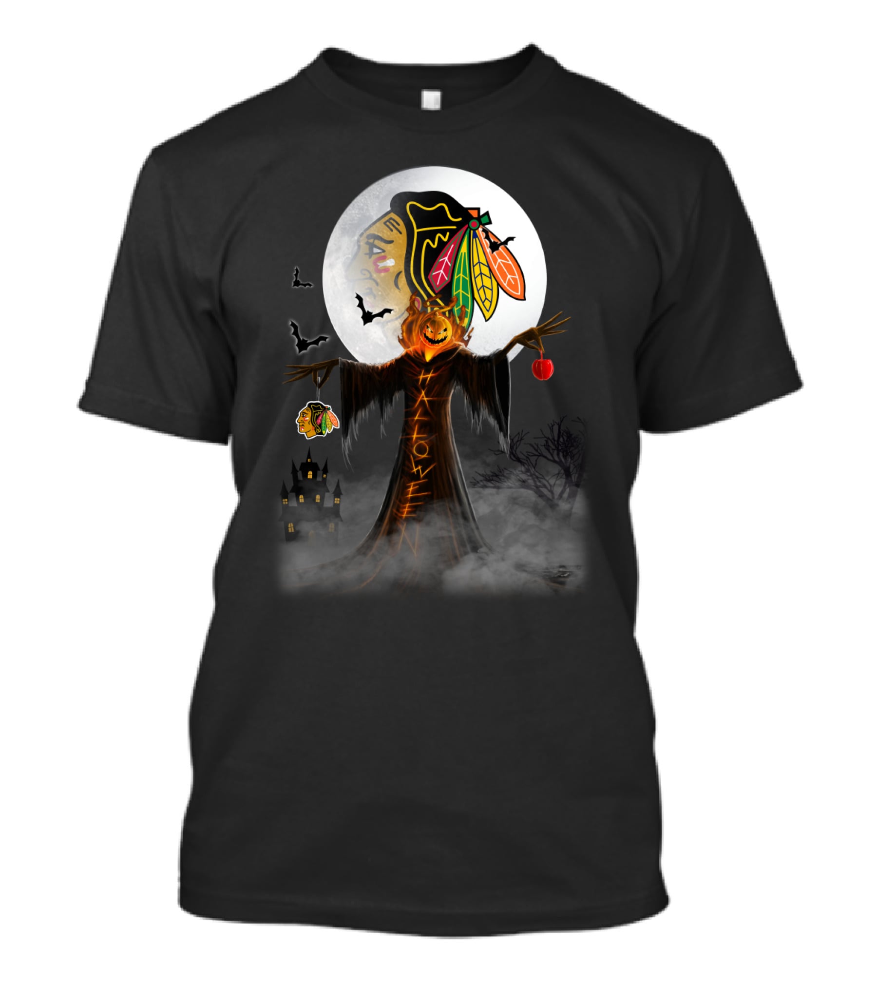 Halloween Chicago Blackhawks Moonlit Pumpkin Scarecrow Bats T-Shirt