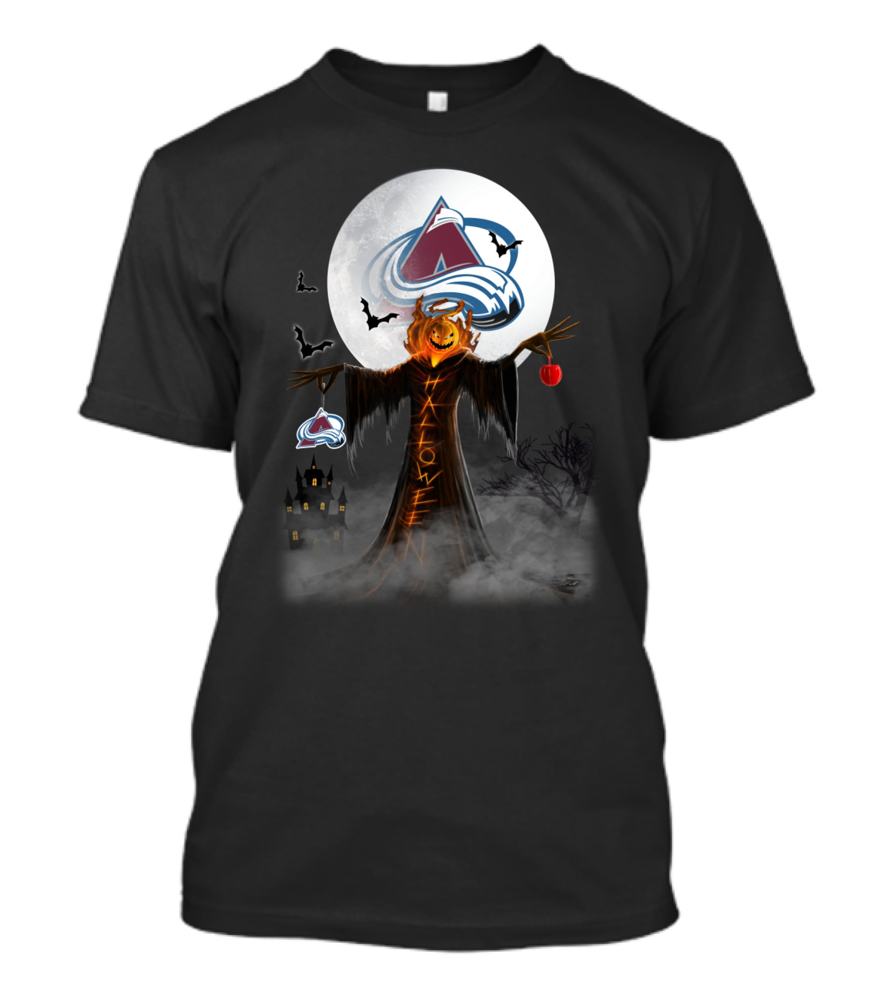 Halloween Colorado Avalanche Moonlit Pumpkin Scarecrow With Bats And Haunted Castle T-Shirt