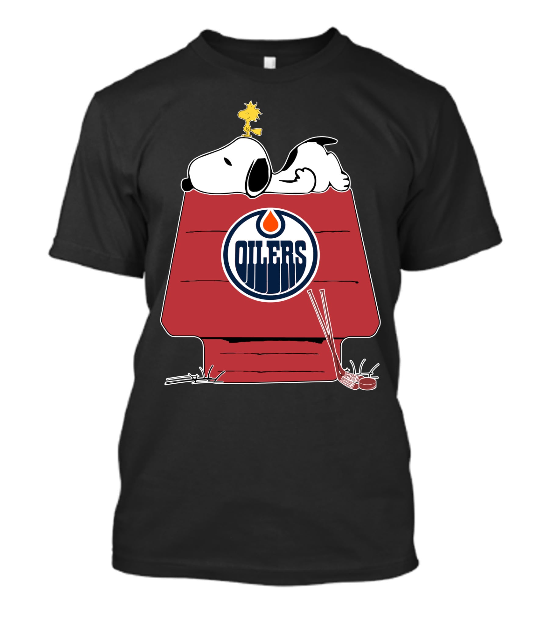 Snoopy On Doghouse With Edmonton Oilers Logo And Hockey Stick T-Shirt