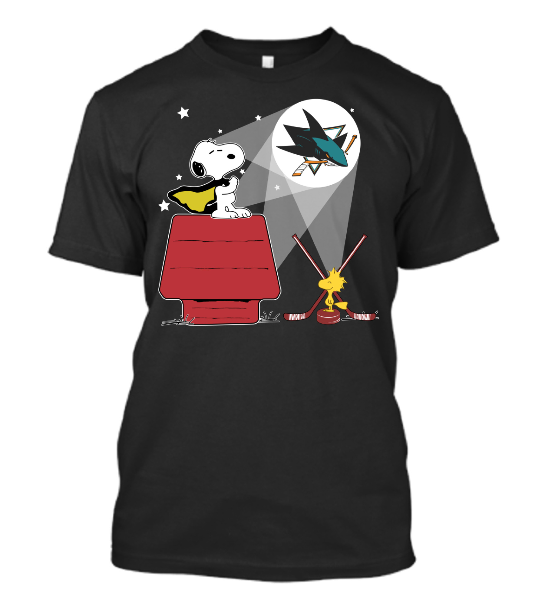 Snoopy Woodstock San Jose Sharks Nhl Fan Art Moonlight Scene T-Shirt