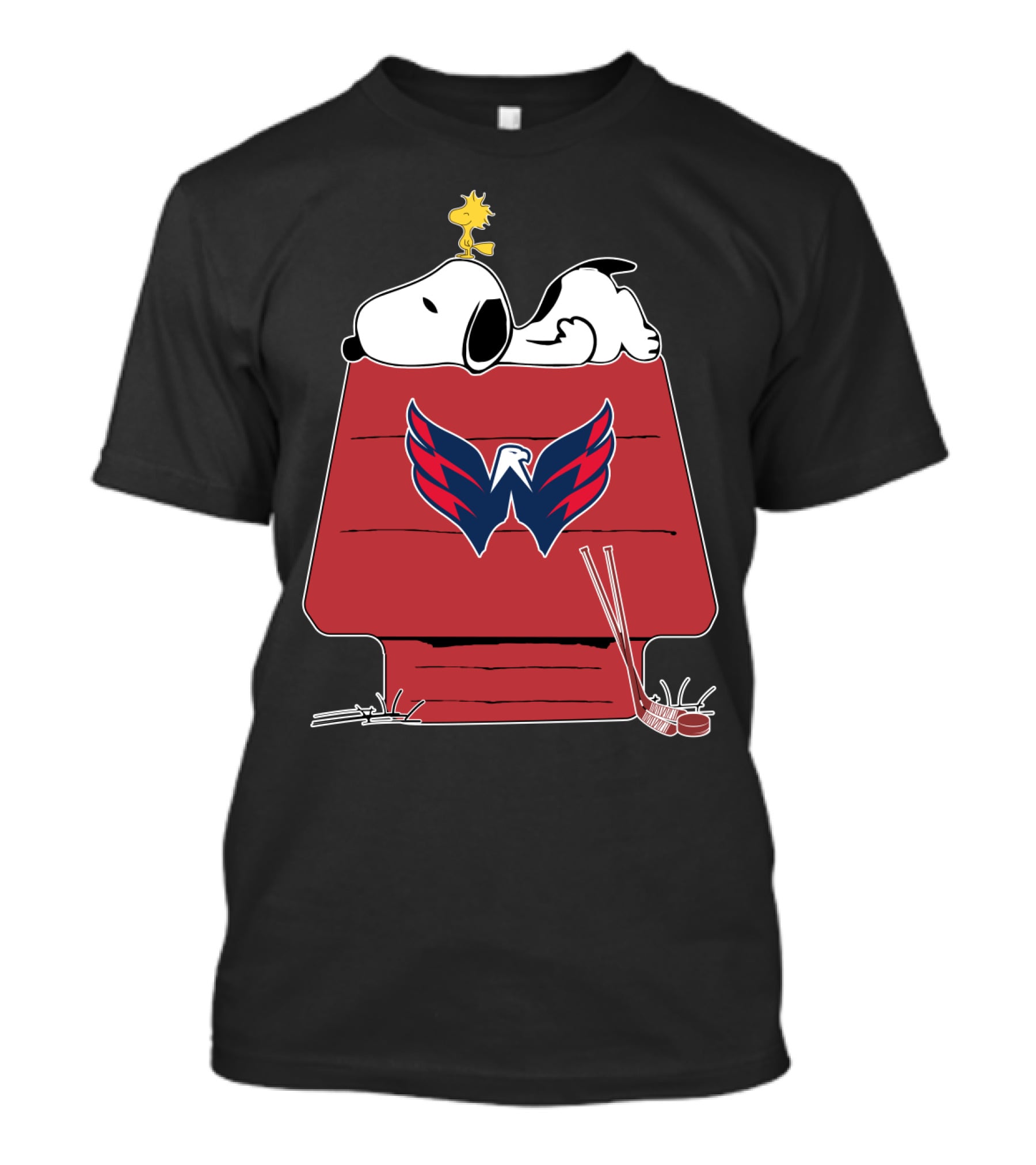 Snoopy And Woodstock With Washington Capitals Logo On Doghouse Hockey T-Shirt