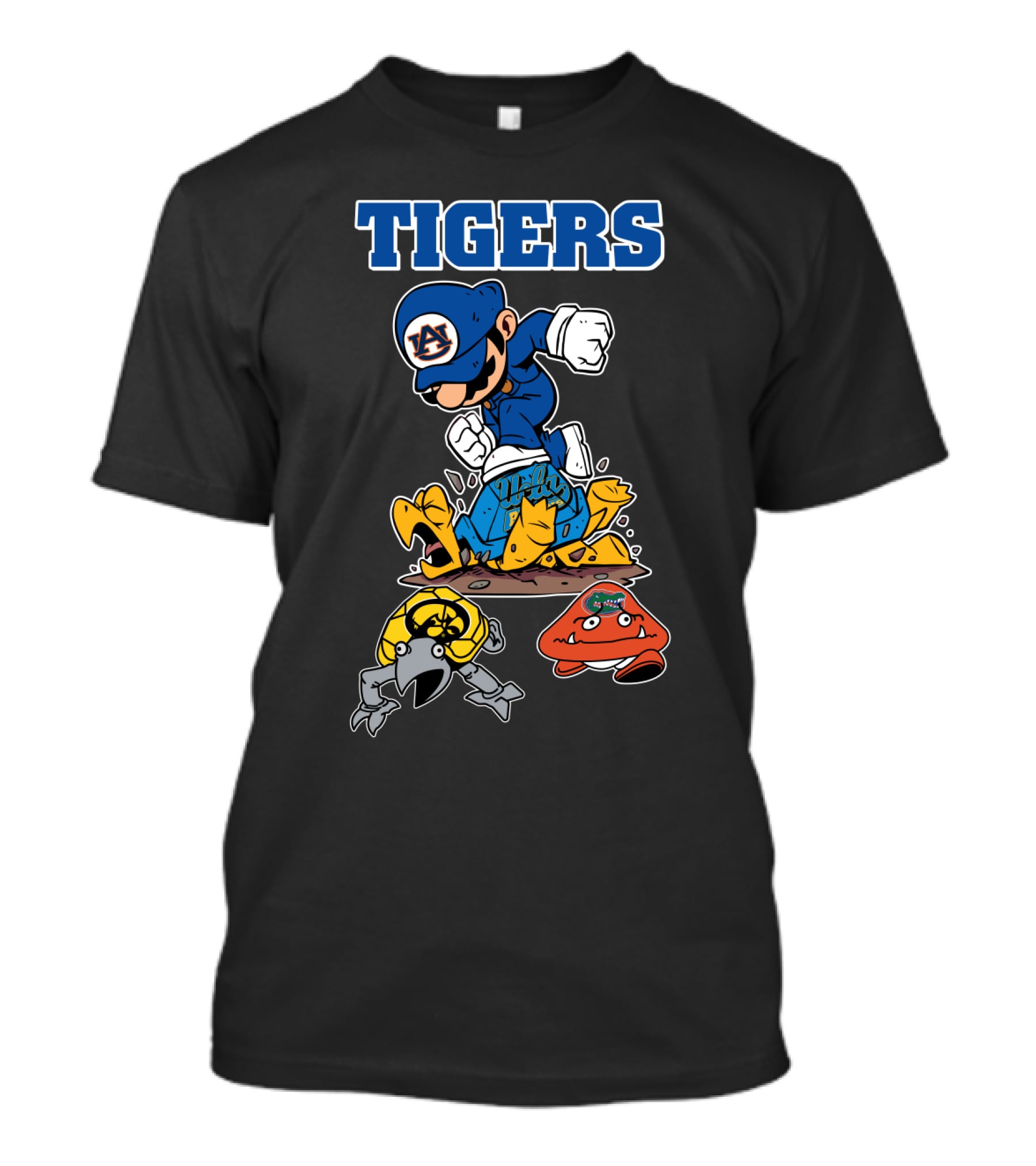 Auburn Tigers Football Character Jumping Over Classic Game Style Opponents T-Shirt