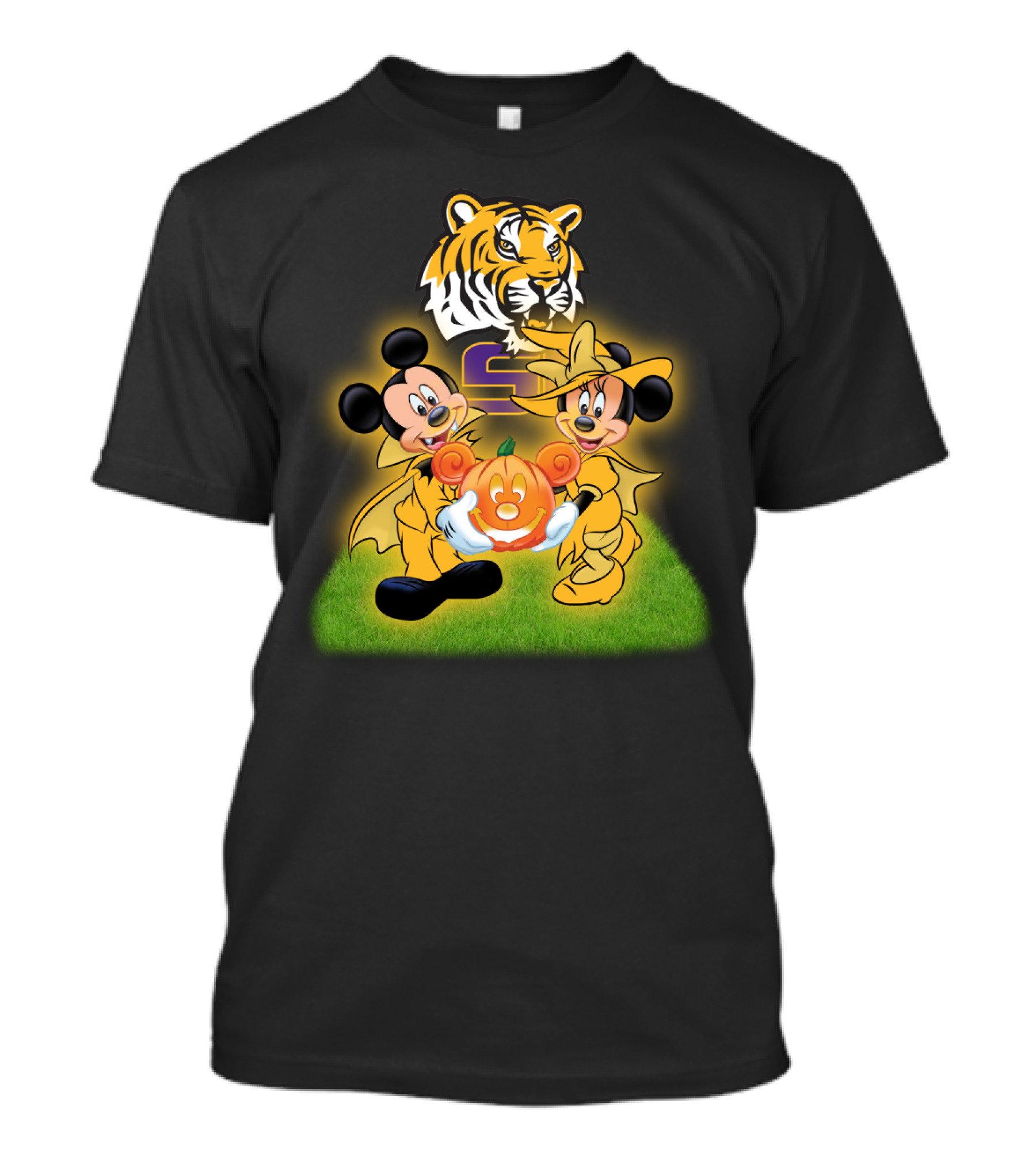 LSU Football Halloween Mickey And Minnie With Pumpkin Tiger T-Shirt