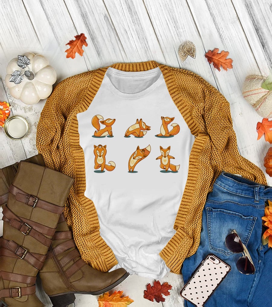 Fox Yoga Poses Playful Cartoon Style T-Shirt