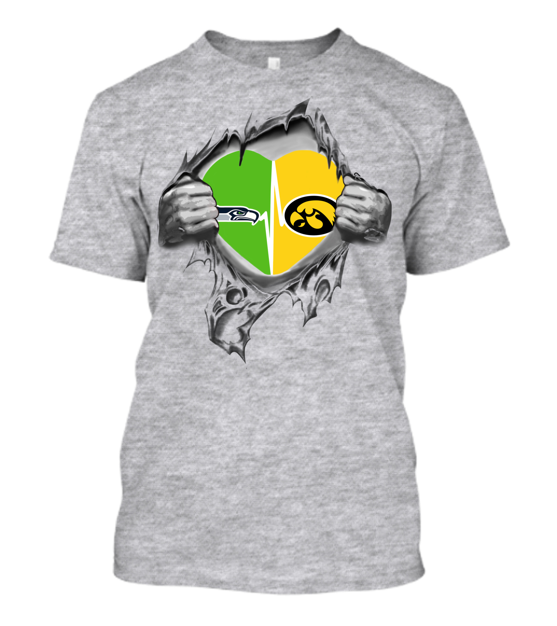Hawkeyes Seahawks Heart Split Torn Grey Background T-Shirt