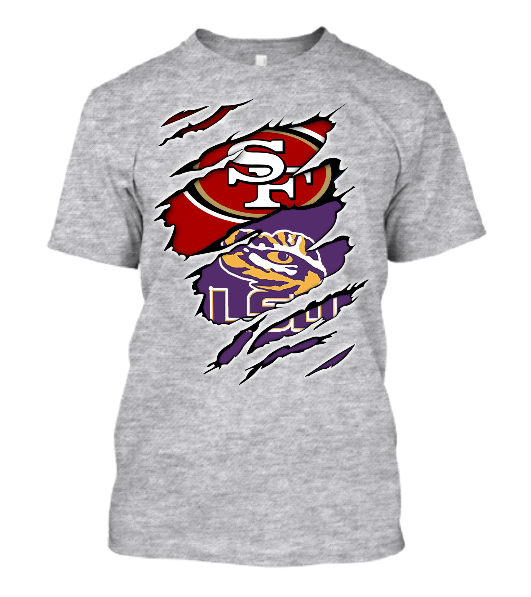 LSU Tigers And San Francisco 49ers Logos On Torn Background T-Shirt