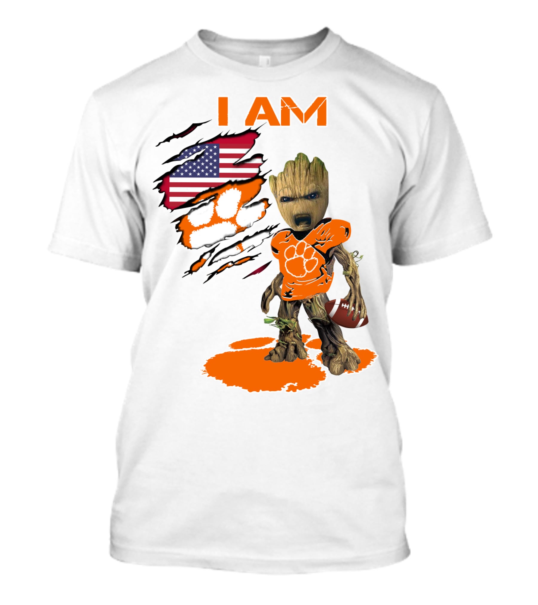 I AM Clemson Baby Groot American Flag Tiger Paw Football T-Shirt