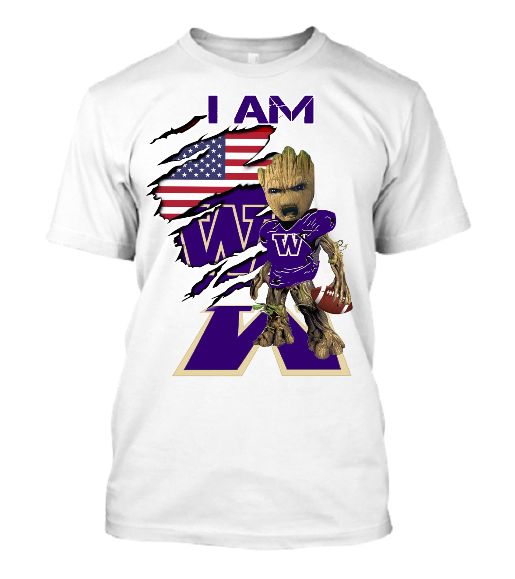 I AM Hukies W Baby Groot Football American Flag T-Shirt