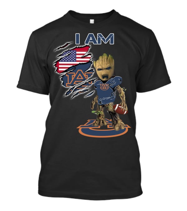 I Am Auburn Baby Groot Football USA Flag T-Shirt