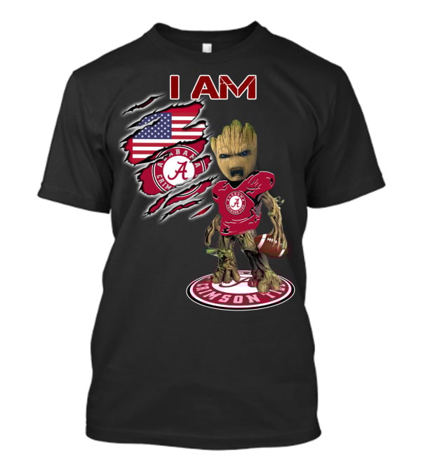 I Am Alabama Crimson Tide Football Fan Groot American Flag T-Shirt